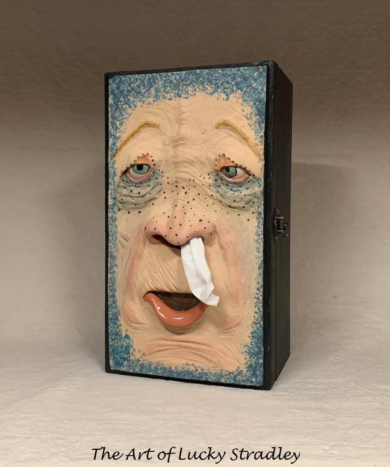 SNUFFLE BOX Ready to ship Tissue Holder Hand sculpted tile, custom made wooden box. A great way to cheer up that poor soul with a cold. image 2