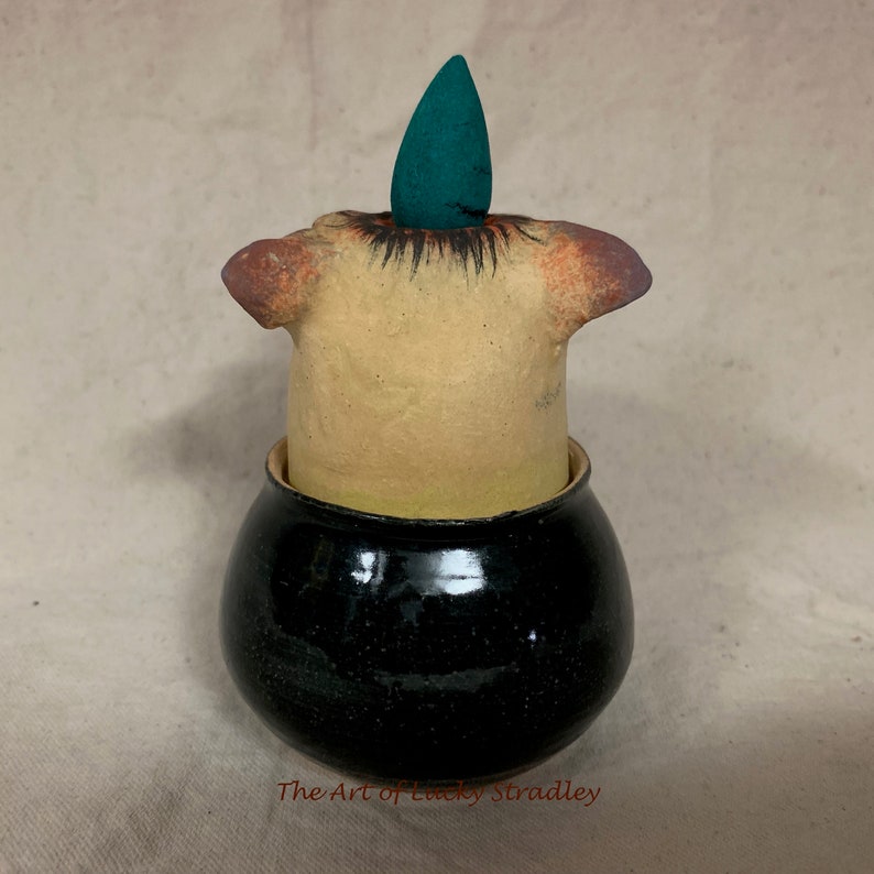 Two piece INCENSE BURNER -Wheel thrown hand altered /& sculpted Burn and store backflow incense cones Smoke comes out ears and nose.
