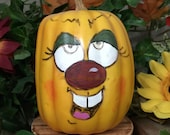 PAINTED PUMPKIN - Painted and decorated hard foam pumpkin. Just a friendly face to brighten your day for Halloween and Thanksgiving.