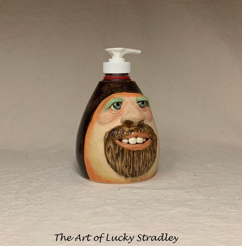 LOTION PUMP Ready to ship wheel thrown, hand altered and sculpted ceramic lotion pump or soap dispenser. A happy face to brighten your day. image 6