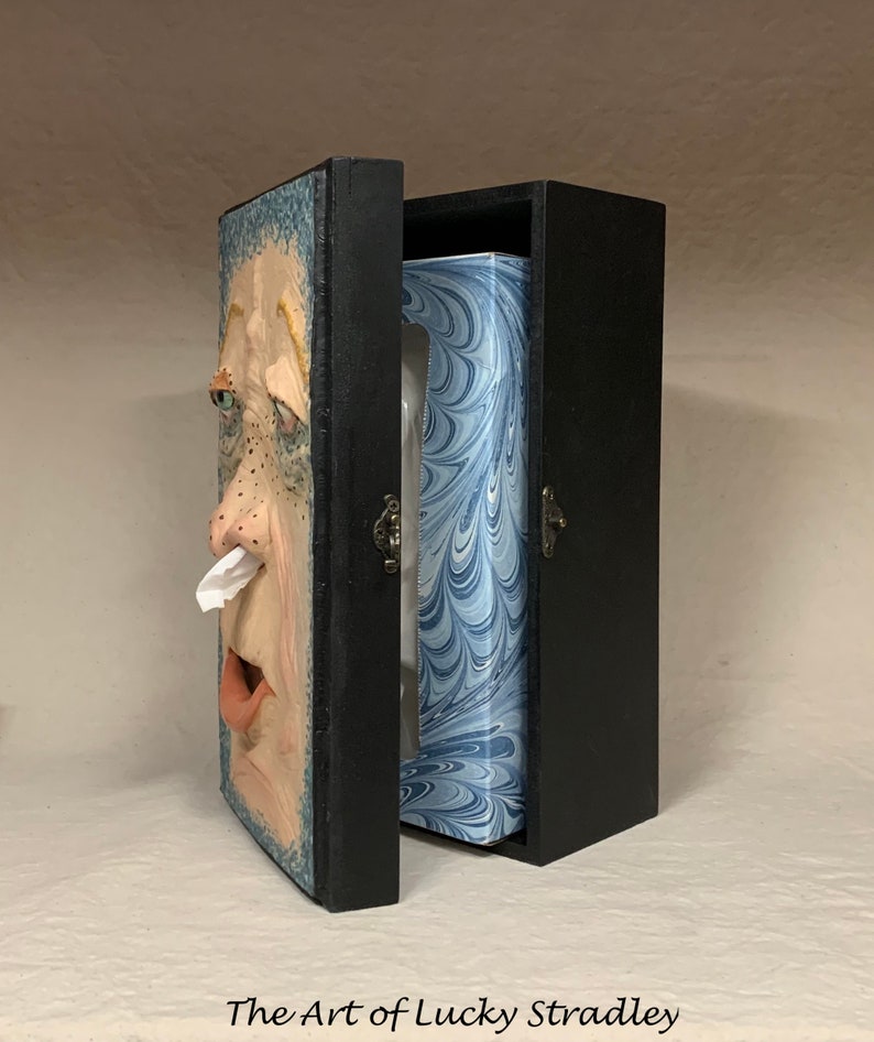 SNUFFLE BOX Ready to ship Tissue Holder Hand sculpted tile, custom made wooden box. A great way to cheer up that poor soul with a cold. image 4