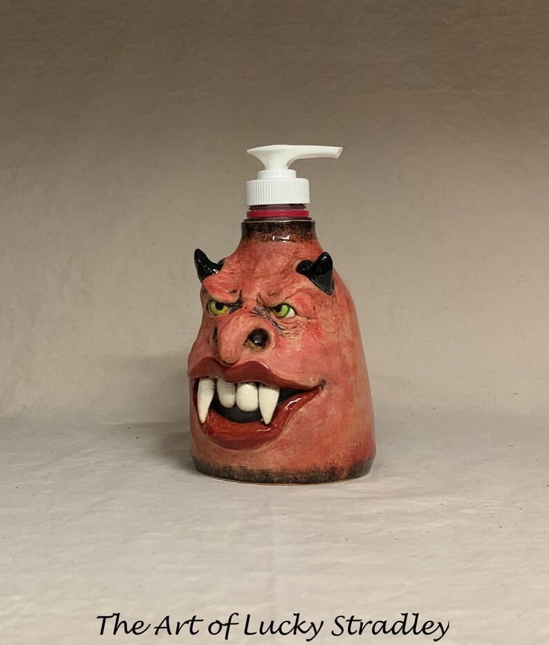 LOTION PUMP wheel thrown, hand altered and sculpted ceramic lotion pump or soap dispenser. A friendly face to brighten up your day. image 2