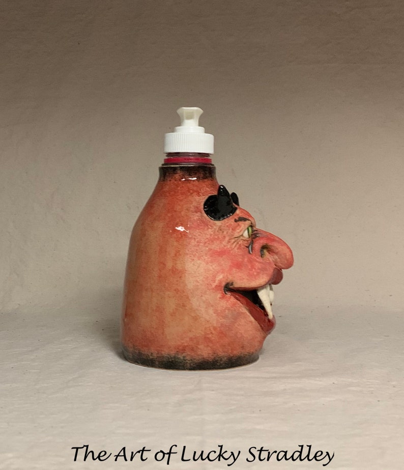 LOTION PUMP wheel thrown, hand altered and sculpted ceramic lotion pump or soap dispenser. A friendly face to brighten up your day. image 5