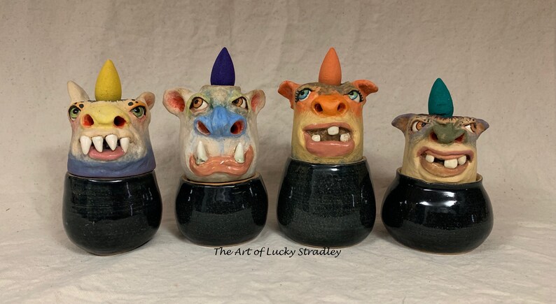 Two piece INCENSE BURNER -Wheel thrown hand altered /& sculpted Burn and store backflow incense cones Smoke comes out ears and nose.
