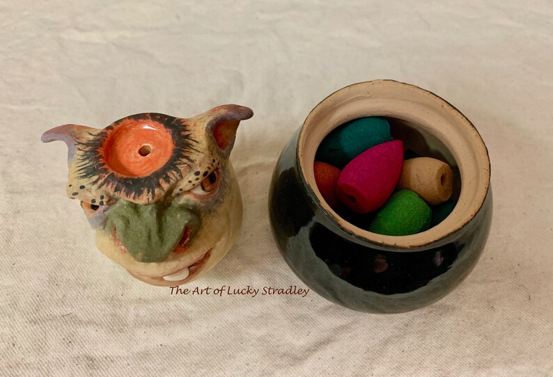 Two piece INCENSE BURNER -Wheel thrown hand altered /& sculpted Burn and store backflow incense cones Smoke comes out ears and nose.
