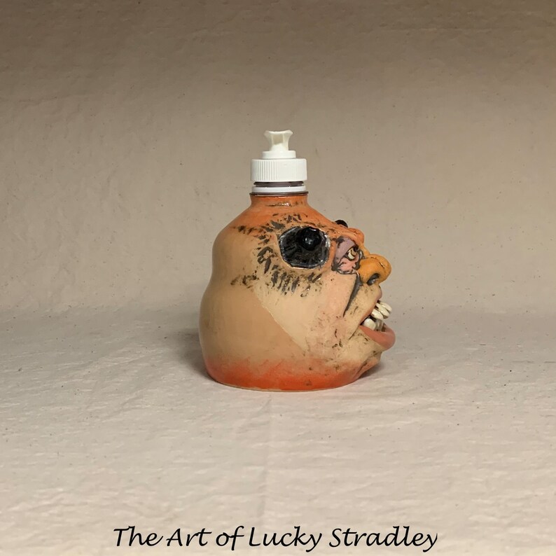 LOTION PUMP Ready to ship wheel thrown, hand altered and sculpted ceramic lotion pump or soap dispenser. A happy face to brighten your day. image 5