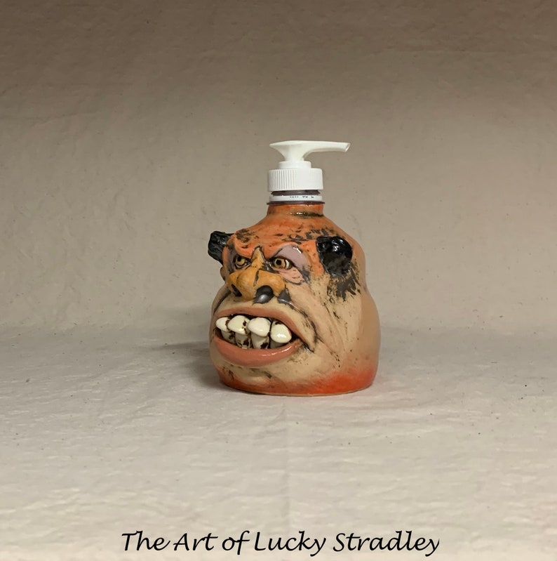 LOTION PUMP Ready to ship wheel thrown, hand altered and sculpted ceramic lotion pump or soap dispenser. A happy face to brighten your day. image 2