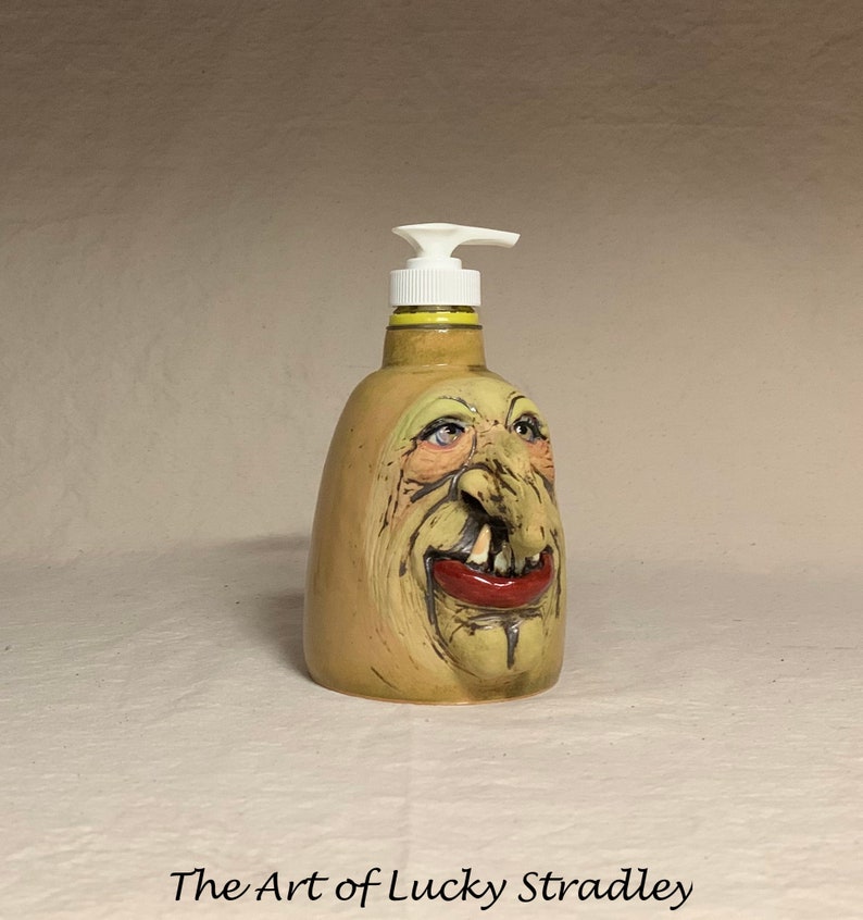 LOTION PUMP Ready to ship wheel thrown, hand altered and sculpted ceramic lotion pump or soap dispenser. A happy face to brighten your day. image 6