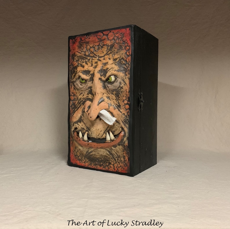 SNUFFLE BOX Ready to ship Tissue Holder Hand sculpted tile, custom made wooden box. A great way to cheer up that poor soul with a cold. image 2