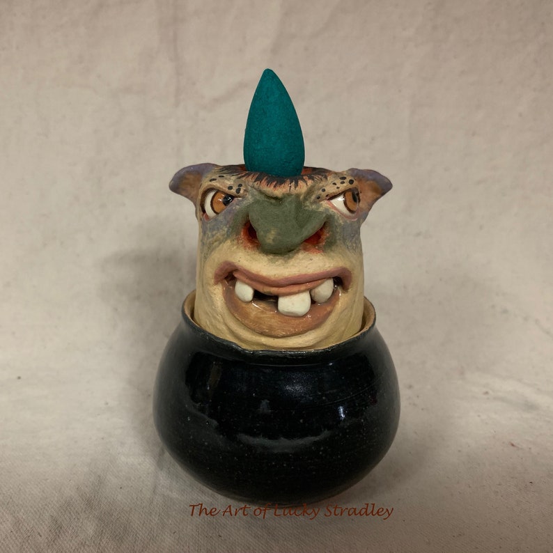 Two piece INCENSE BURNER -Wheel thrown hand altered /& sculpted Burn and store backflow incense cones Smoke comes out ears and nose.