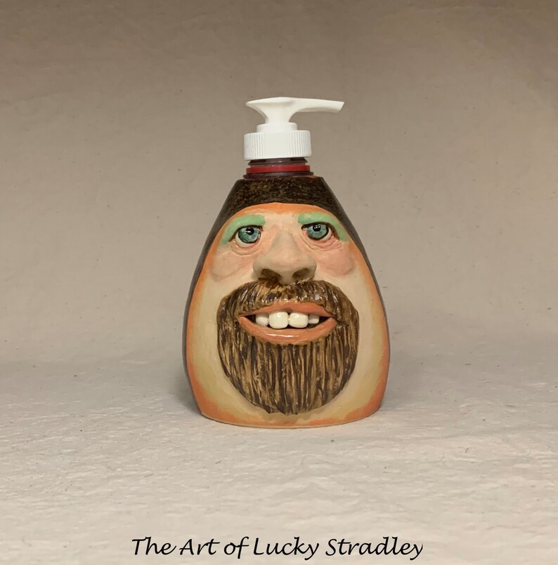 LOTION PUMP Ready to ship wheel thrown, hand altered and sculpted ceramic lotion pump or soap dispenser. A happy face to brighten your day. image 1