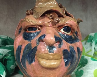 Face Jug - Ready to ship - Wheel thrown, hand sculpted.  Place in a window or on the mantle. Just a friendly face to brighten your day.