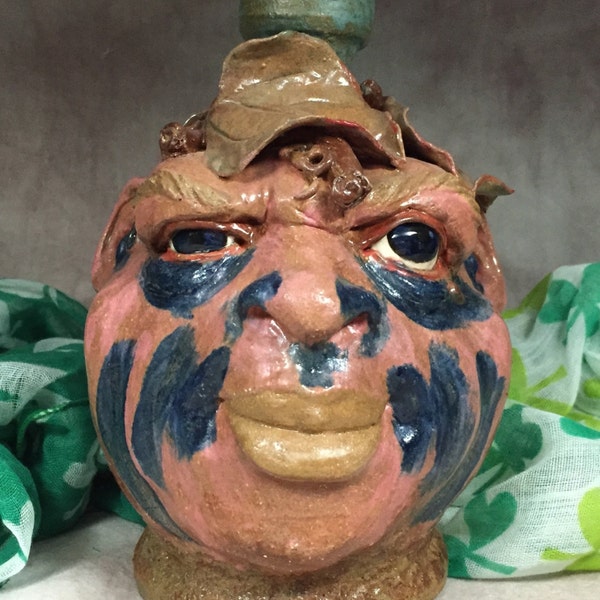 Face Jug - Ready to ship - Wheel thrown, hand sculpted.  Place in a window or on the mantle. Just a friendly face to brighten your day.