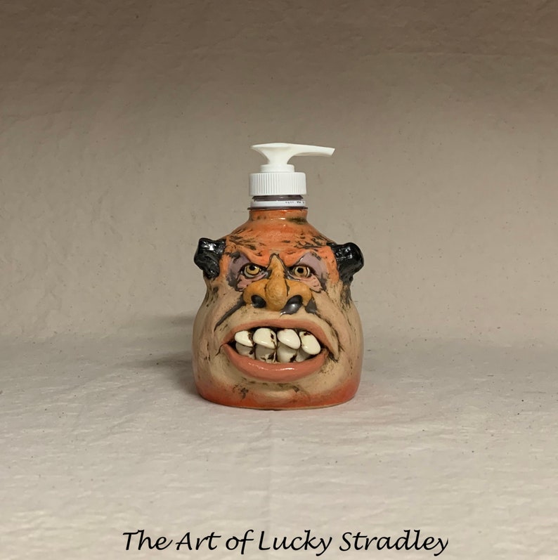 LOTION PUMP Ready to ship wheel thrown, hand altered and sculpted ceramic lotion pump or soap dispenser. A happy face to brighten your day. image 1