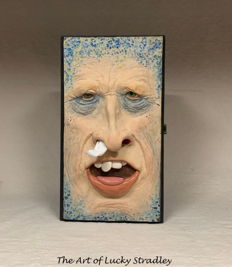 SNUFFLE BOX Ready to ship Tissue Holder Hand sculpted tile, custom made wooden box. A great way to cheer up that poor soul with a cold. image 1