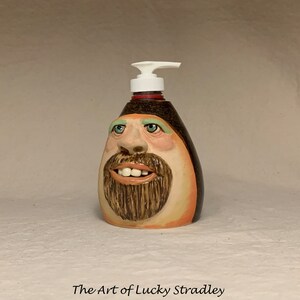 LOTION PUMP Ready to ship wheel thrown, hand altered and sculpted ceramic lotion pump or soap dispenser. A happy face to brighten your day. image 2