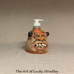 LOTION PUMP Ready to ship wheel thrown, hand altered and sculpted ceramic lotion pump or soap dispenser. A happy face to brighten your day. image 6