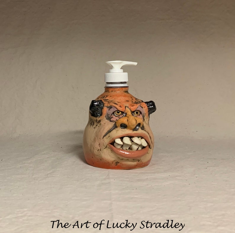 LOTION PUMP Ready to ship wheel thrown, hand altered and sculpted ceramic lotion pump or soap dispenser. A happy face to brighten your day. image 6