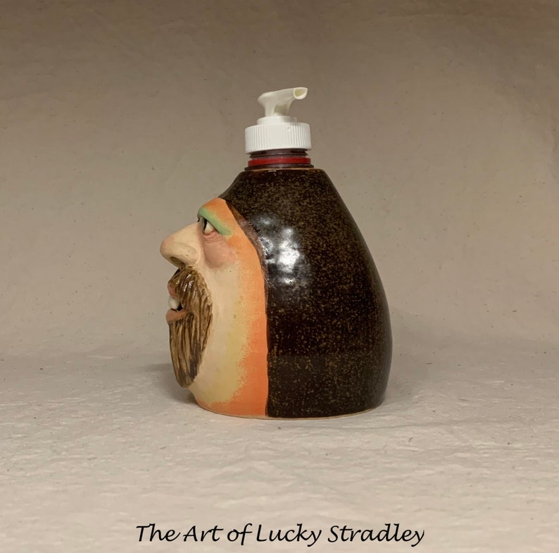 LOTION PUMP Ready to ship wheel thrown, hand altered and sculpted ceramic lotion pump or soap dispenser. A happy face to brighten your day. image 3