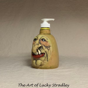 LOTION PUMP Ready to ship wheel thrown, hand altered and sculpted ceramic lotion pump or soap dispenser. A happy face to brighten your day. image 2