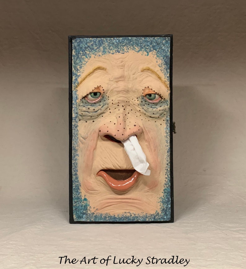 SNUFFLE BOX Ready to ship Tissue Holder Hand sculpted tile, custom made wooden box. A great way to cheer up that poor soul with a cold. image 1