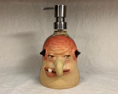 LOTION PUMP large- Wheel thrown, hand altered and sculpted ceramic lotion pump or soap dispenser. A friendly face to brighten up your day.