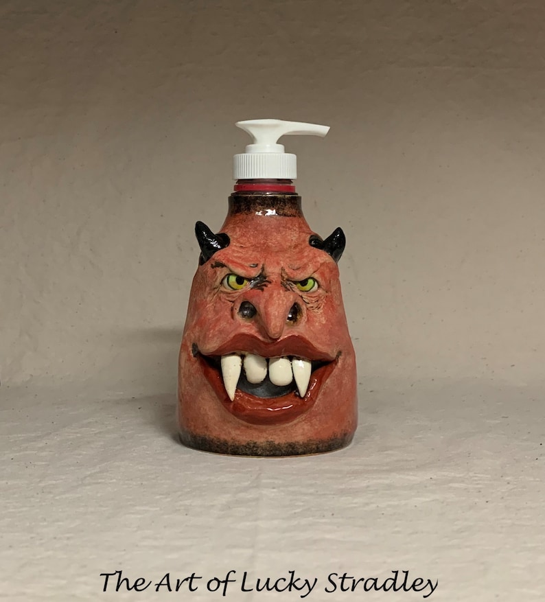 LOTION PUMP wheel thrown, hand altered and sculpted ceramic lotion pump or soap dispenser. A friendly face to brighten up your day. image 1