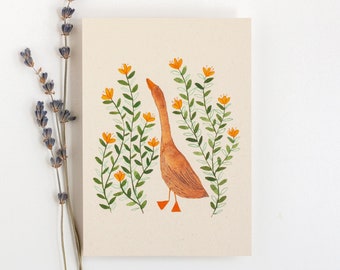 Little goose smelling the flowers, card, A6