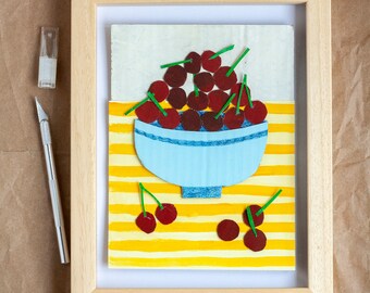 Cherries in a bowl, papercut, collage, paperart