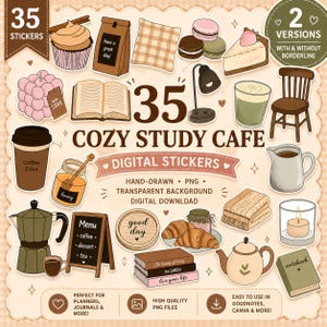 Cozy Study Cafe Digital Stickers, Hand-Drawn Clipart PNG Bundle (Digital Download)