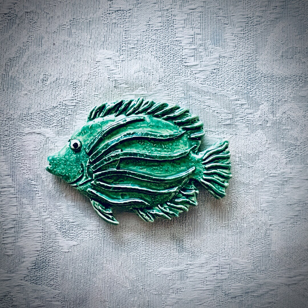 Green Ceramic Fish for Mosaic Seascape Art, Sea Life Shower Wall, Hand