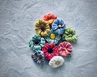 10 Small Ceramic Flowers, Hand Painted Art Tiles, Garden Mosaic Supply