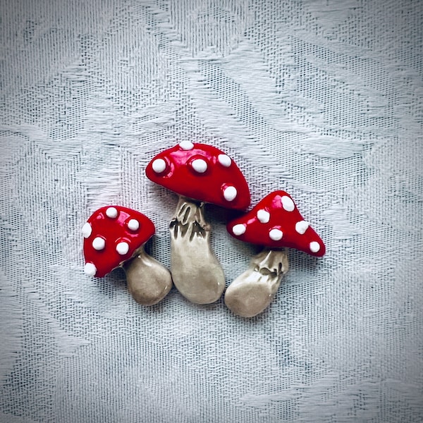 3 Red Ceramic Mushrooms for Mosaic Garden Art, Stepping Stone or Bird Bath, Hand Painted Tiles