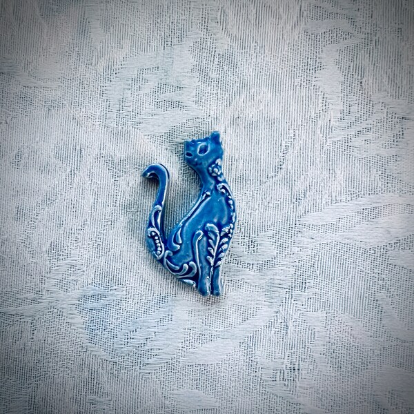 Blue Ceramic Cat for Mosaic Art, Cat Lover Gift, Hand Painted Tile, Mosaic Wall Art & Garden Art