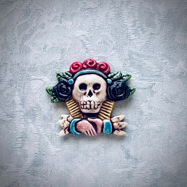 Ceramic Sugar Skull Tile for Mosaic Art, Halloween Hand Painted Tile