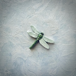 May include: A ceramic dragonfly figurine with a white body and wings, and a green head and segmented abdomen. The dragonfly is resting on a light blue textured surface.