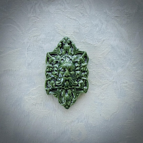 Ceramic Green Man, Hand Painted Art Tile, Garden Mosaic Supply, Wall Accent