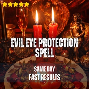 Könnte beinhalten: Zwei rote Kerzen mit brennenden Dochten stehen auf einem Teller, umgeben von getrockneten Blättern und Blütenblättern. Der Text lautet EVIL EYE PROTECTION SPELL, SAME DAY, FAST RESULTS. Eine goldene Statue und ein Glas mit roter Flüssigkeit sind zu sehen.