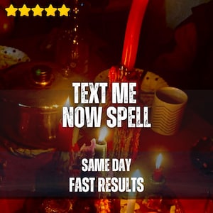 May include: A collection of lit candles with melting wax, including a tall red candle, a small green candle, and a white candle. The image features the text "TEXT ME NOW SPELL SAME DAY FAST RESULTS" and five yellow stars at the top.