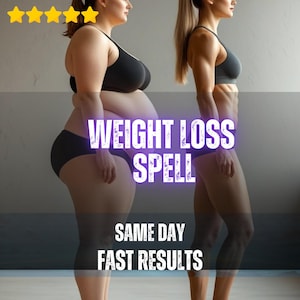 Könnte beinhalten: Ein Vergleich zweier Figuren nebeneinander in schwarzen und grauen Sport-BHs und Unterwäsche. Der Text WEIGHT LOSS SPELL ist in großen weißen Buchstaben zentriert, darunter SAME DAY FAST RESULTS. Fünf gelbe Sterne in der oberen linken Ecke.