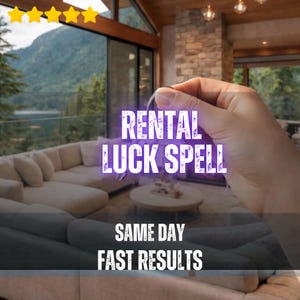 May include: A set of silver metal keys held in a hand against a blurred background of a modern living room with a large window. The text RENTAL LUCK SPELL is printed in white with a purple glow, followed by the text SAME DAY FAST RESULTS below.