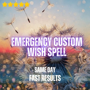 May include: A dandelion seed head against a sunset background with five yellow stars at the top. The text reads EMERGENCY CUSTOM WISH SPELL, SAME DAY, FAST RESULTS. The image features floating seeds and bokeh light effects in soft colors.