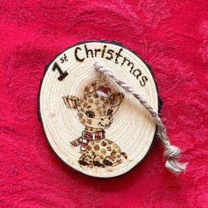 1st Christmas Ornament: Baby Giraffe Hand Burned Live Edge Wood
