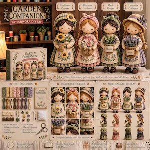 Garden Companions Patchwork Doll Sewing Kit, 4 Cottagecore Garden Girl DIY Cloth Doll Craft Set, Hand Sewing Kit for Adult Beginners