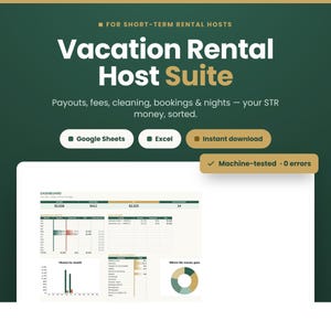 May include: A digital Vacation Rental Host Suite dashboard template for Google Sheets and Excel. The dark green graphic features white text, gold accents, and a preview of a financial spreadsheet with charts, tables, and the text Machine-tested 0 errors.