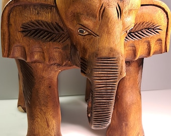 Wood Elephant Stool Thai Hand Carved Round Wooden Plant Stand Indoor Decor 10"