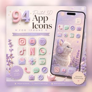 Pastellfarbene App-Icons für iOS, 94 3D-Icons im Paket, pinkfarbener iPhone-Startbildschirm, digitaler Download