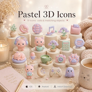 May include: A collection of 51 pastel 3D icons featuring cats and matching objects. The set includes miniature figures of cats with headphones, cameras, and cups, alongside icons like a globe, music note, bonsai, calculator, and game controller.