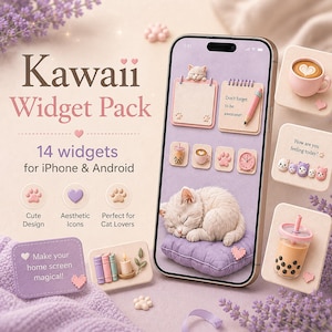 iPhone/Android用ウィジェットパック、猫の写真ウィジェット14個、パステルカラーのホーム画面、Widgetsmithデジタルダウンロード