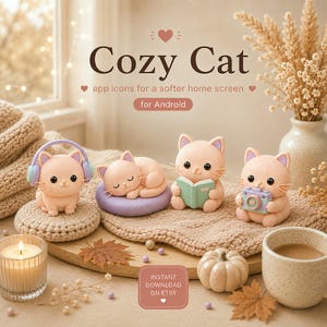 May include: A digital set of Cozy Cat app icons for Android featuring four light peach-colored cat figurines. One cat wears purple headphones, one sleeps on a purple cushion, one reads a green book, and one holds a purple camera. Text reads Cozy Cat.